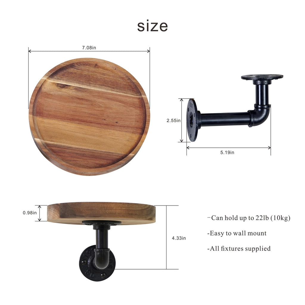 Round Wooden Floating Shelves Wall Mounted (Set of 2). Made of Acacia Wood. Industrial Pipe Brackets. A Unique Rustic