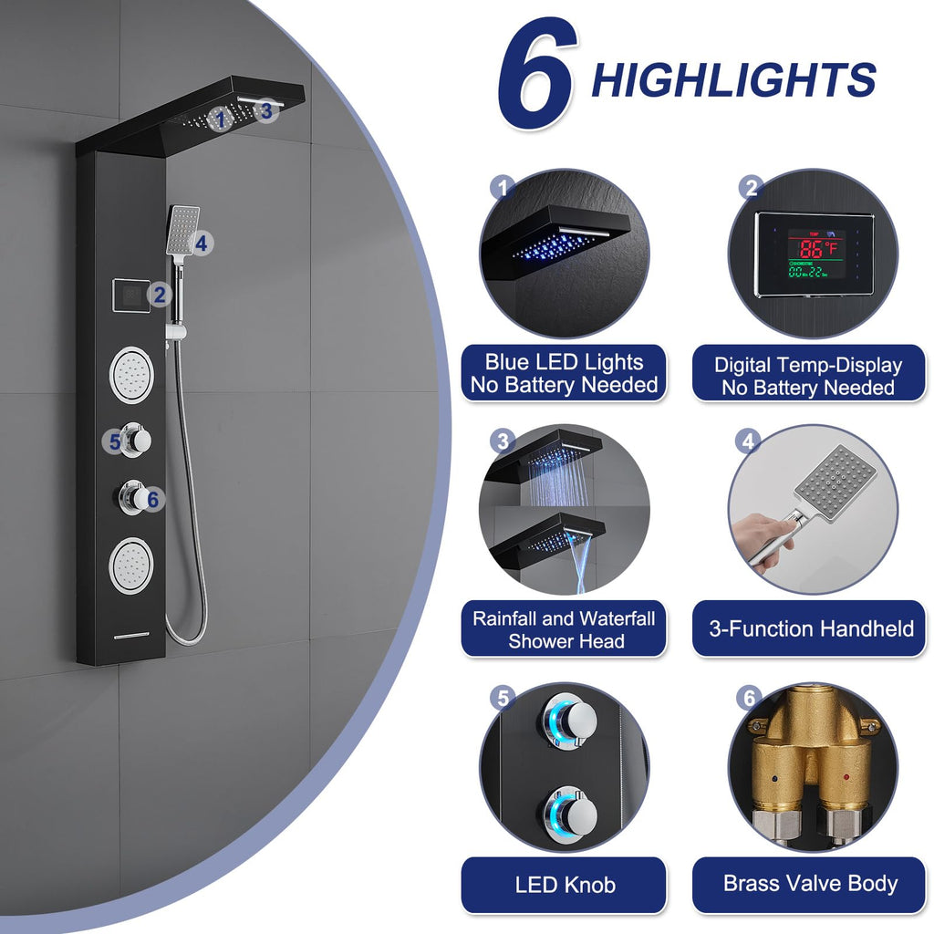 5-in-1 LED Rainfall Waterfall Shower Panel Tower System Black