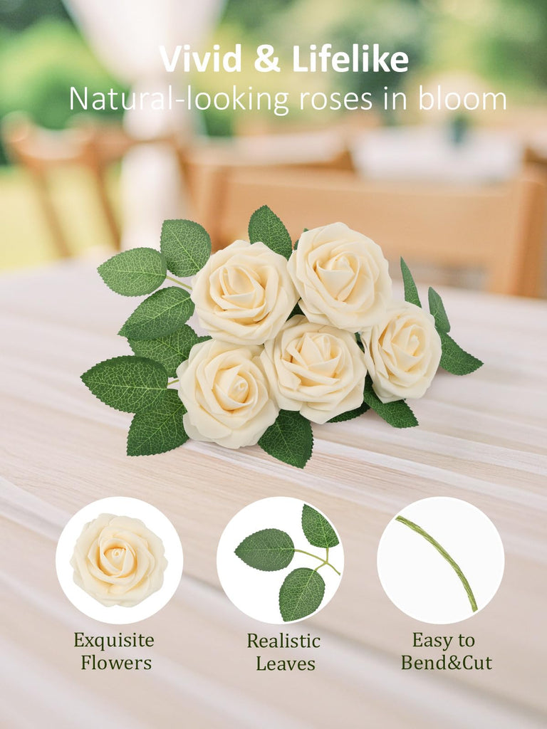 Artificial Flowers Real Touch Foam Rose Flower with Stems Decoration, 50Pcs