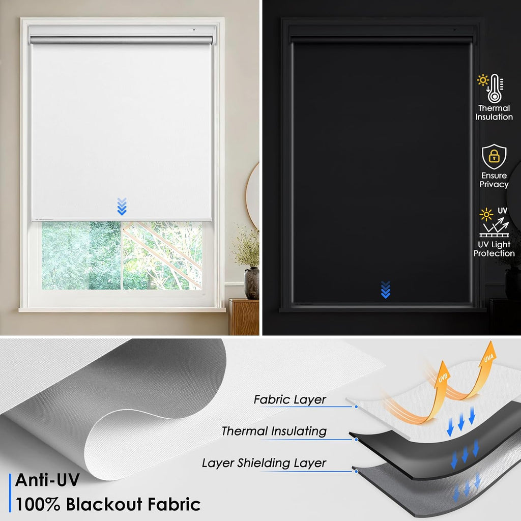 Motorized Blinds, Blackout Roller Blinds with Remote Control & Solar Panel | Automatic Electric Shades for Windows