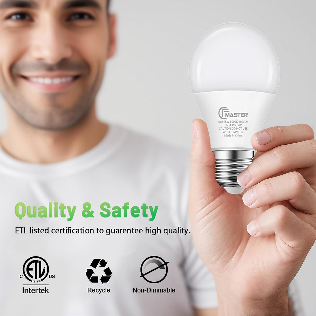 A19 LED Light Bulb, 100W Equivalent Light Bulbs, 15W 5000K Daylight, 1500 Lumens, Non-Dimmable LED Bulb, E26 Standard