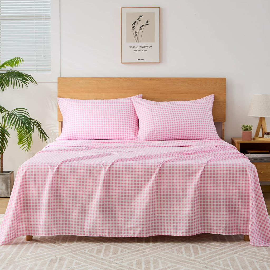 Pink Gingham Sheet Set, 4-Piece Soft Brushed Microfiber Bed Sheets - 16" Deep Pocket Fitted Sheet, Wrinkle &