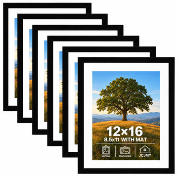 12x16 Picture Frame Set of 6 with 8.5x11 Mat, Black 12 x 16 Poster Frames with Shatter Resistant Plexiglass, Display