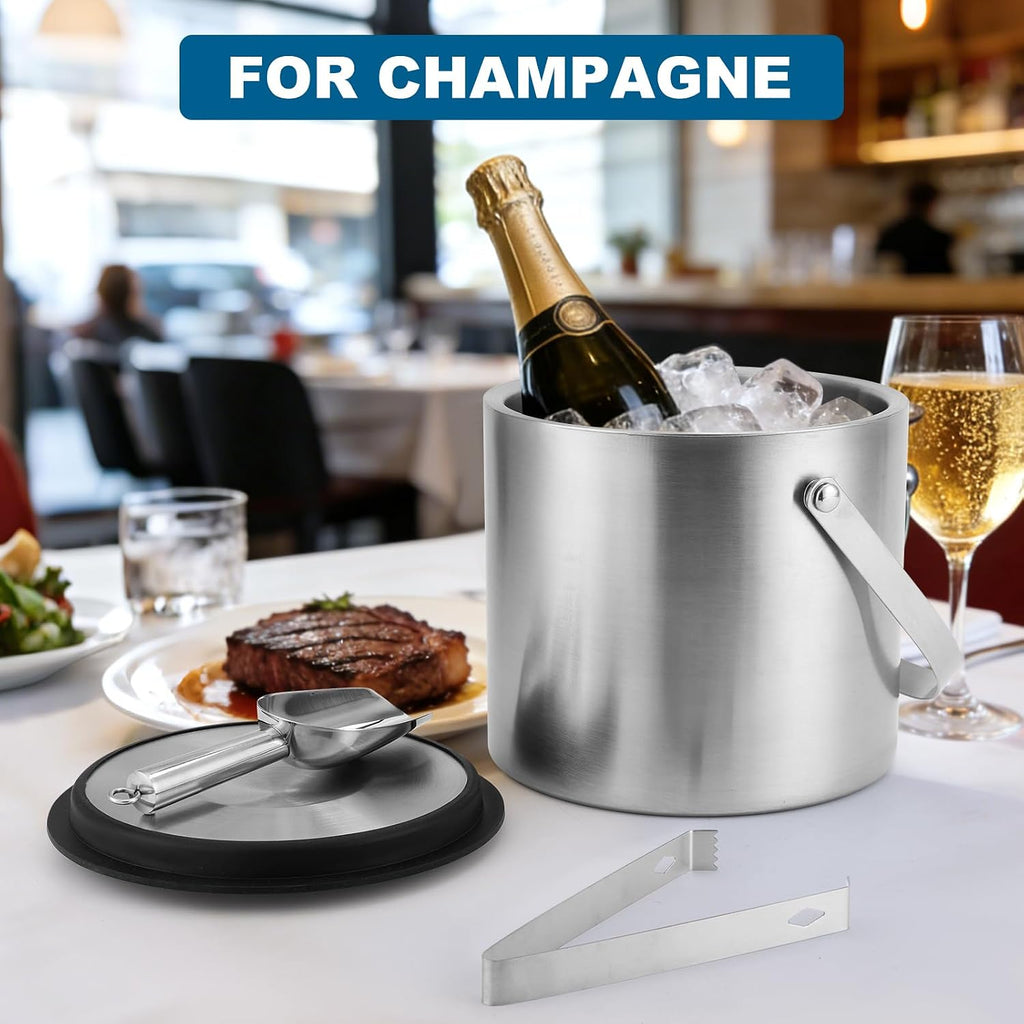4L Stainless Steel Ice Bucket for Parties Double wall with Lid,Scoop& Tongs
