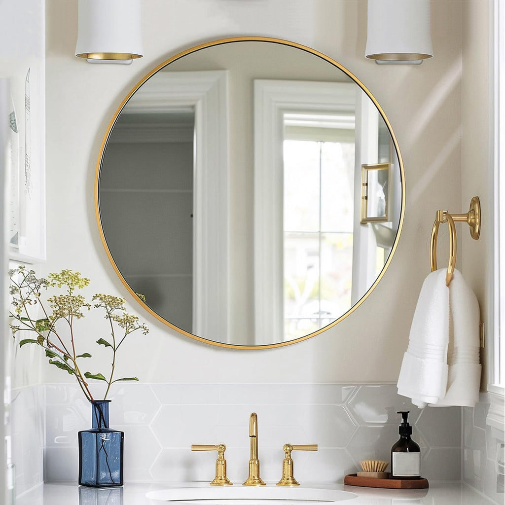 Gold Round Mirror, 24 inch Circle Mirror, Brushed Gold Metal Frame