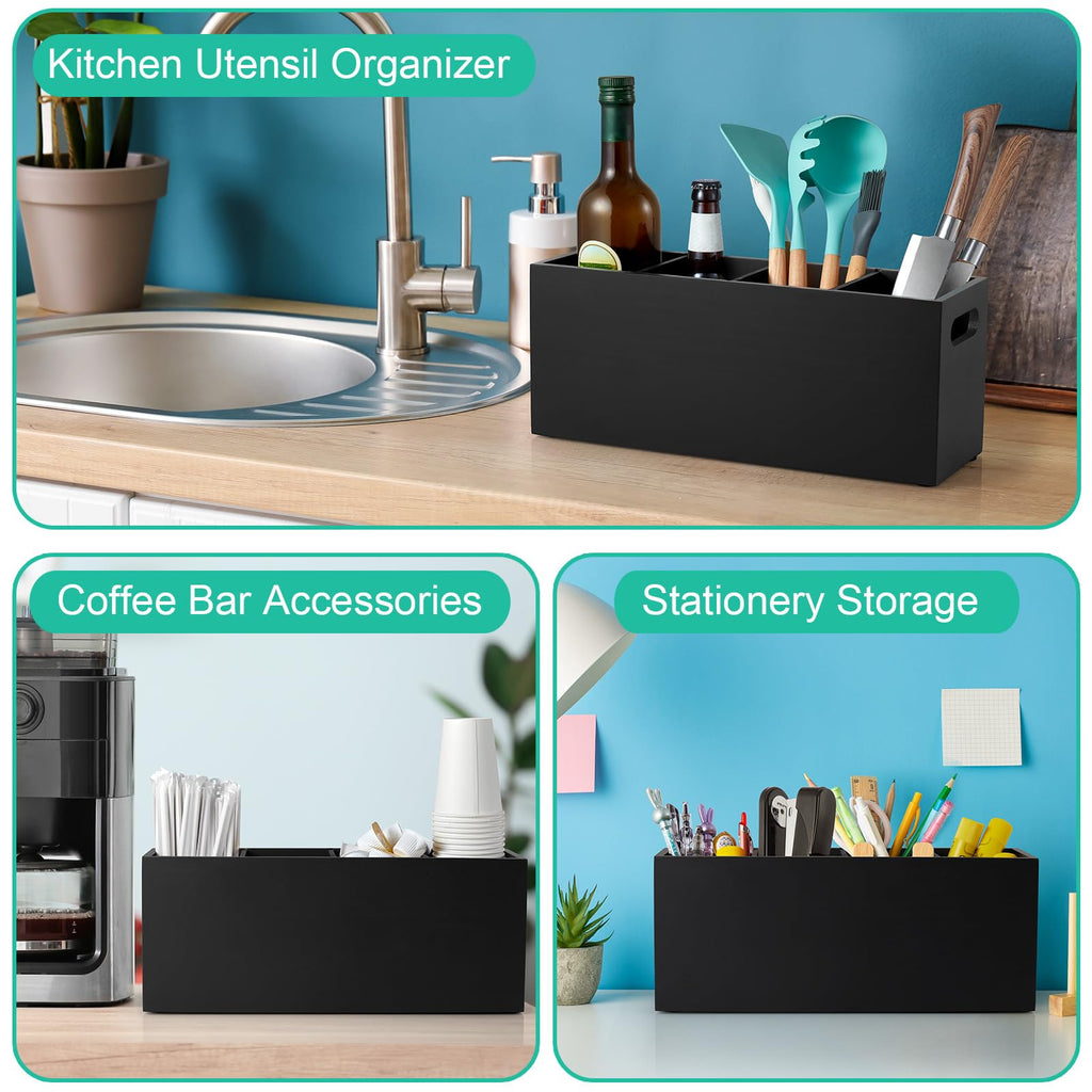Large Utensil Holder with Removable Divider - 4 Compartment Wooden Utensil Caddy Organizer Counter - Black Cooking