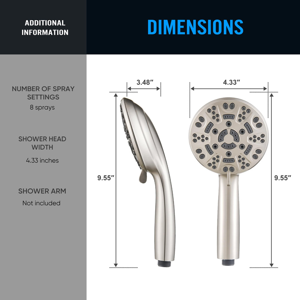 8-Setting Handheld Shower Head, Water-Saving Design, Brushed Nickel