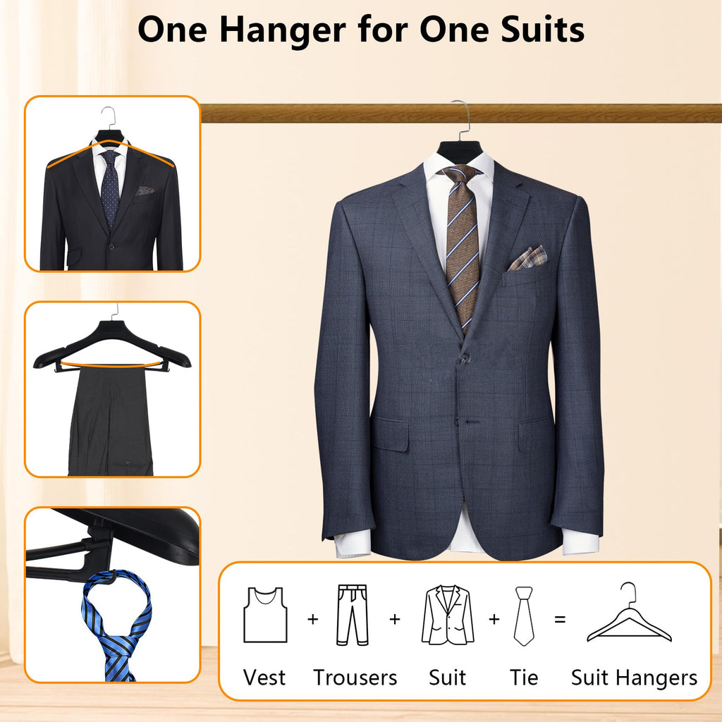 Plastic Extra Wide Suit Hangers, Pack of 15, Width: 17.7", Notched Shoulders & Metal Hooks, Black