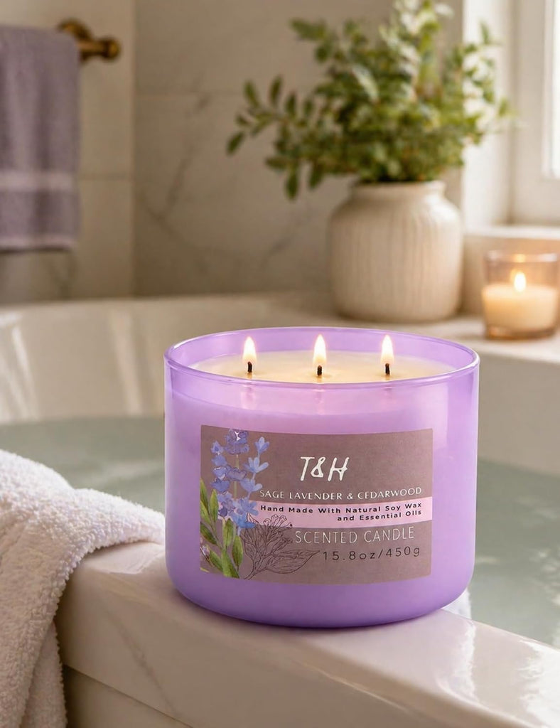 Sage Lavender Cedarwood 3-Wick Soy Candle, 15.8 oz Scented Candle - Set of 158