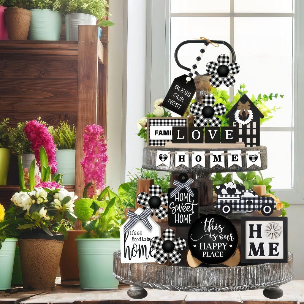 Farmhouse Home Tiered Tray Decor Set - Rustic Wooden Tabletop Decorations with Vintage Country Style, Shelf & - Set of 23