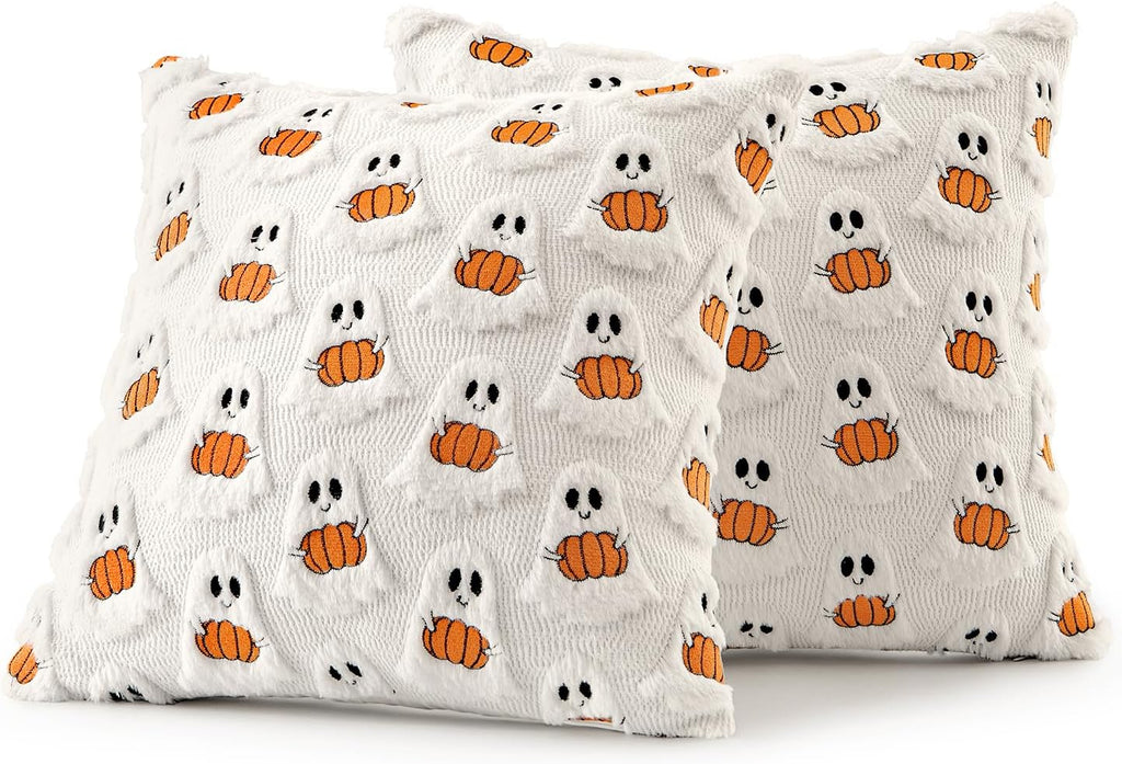 Halloween Pillow Covers Decorative Fall Cute Ghost Plush Faux Fur Pillows 18x18 Inch Soft Pumpkin Accents - Set of 2