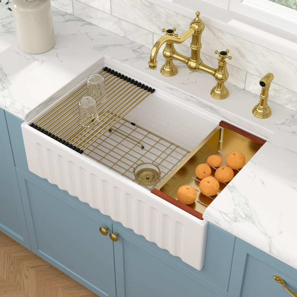 White Farmhouse Sink - 30 Inch Farm Kitchen Sink Undermount Workstation Apron Front Reversible Ceramic Fireclay