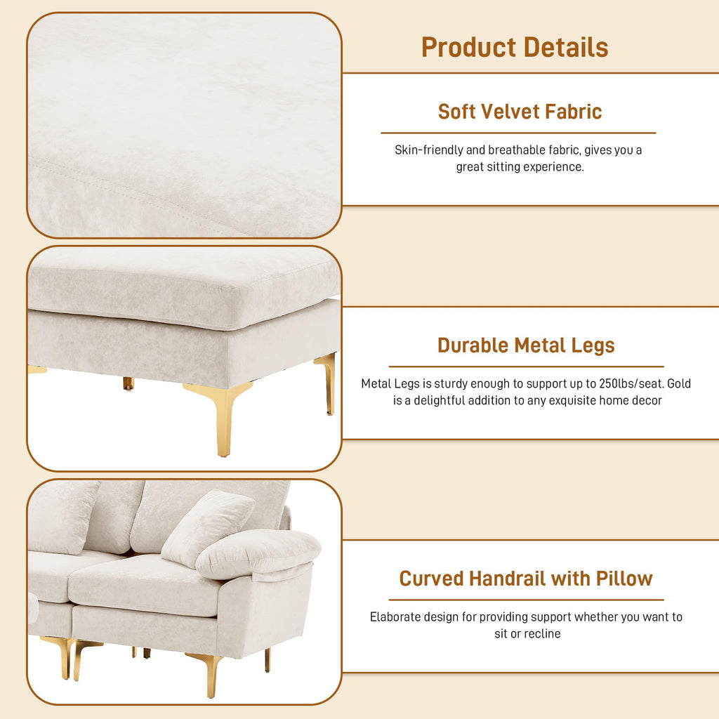 114" U-Shaped Velvet Sectional Couch with Ottoman, White