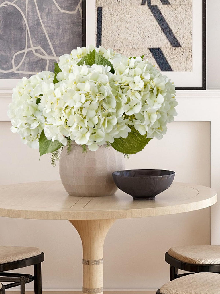 4PCS White Artificial Flowers Hydrangea 20" Real Touch Latex Faux Hydrangeas Silk Flowers with Green Leaves Stems for