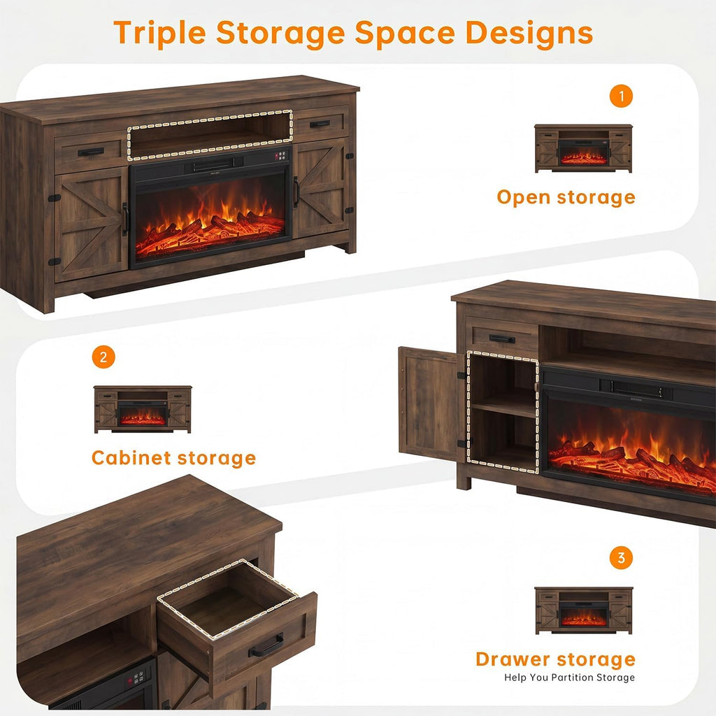 Fireplace TV Stand, 70" Farmhouse TV Stand with Barn Door for 80" TVs, Entertainment Center with Black Fireplace &