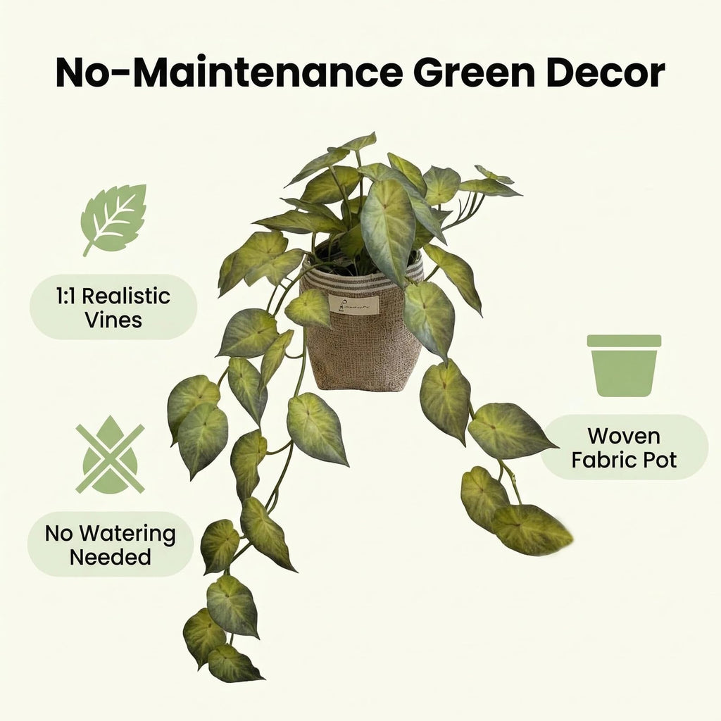 Fake Pothos Hanging Plant in Pot, Light Green Artificial Indoor Greenery