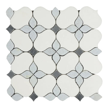 White Marble Arabesque Mosaic Tile with Blue Decorative Inlay 12x12 - Polished Natural Stone Wall & Floor Tile