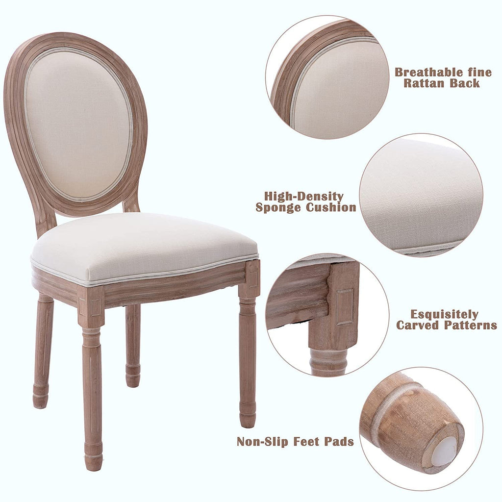 French Country Dining Chairs Set of 4, Farmhouse Fabric Chairs with Round Back, Solid Wood Legs, Oval Side Chairs