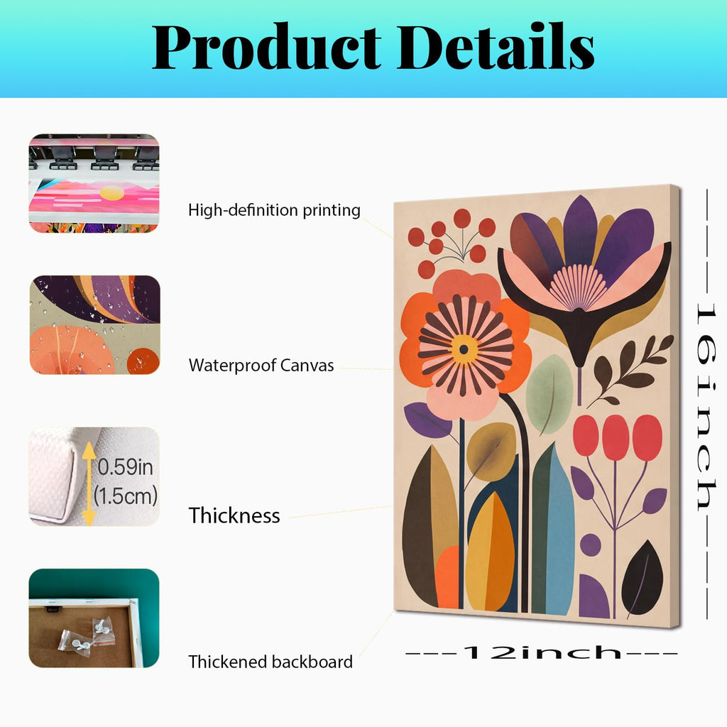 Scandinavian Flower Canvas Wall Art Mid Century Colorful Floral Wall Decor
