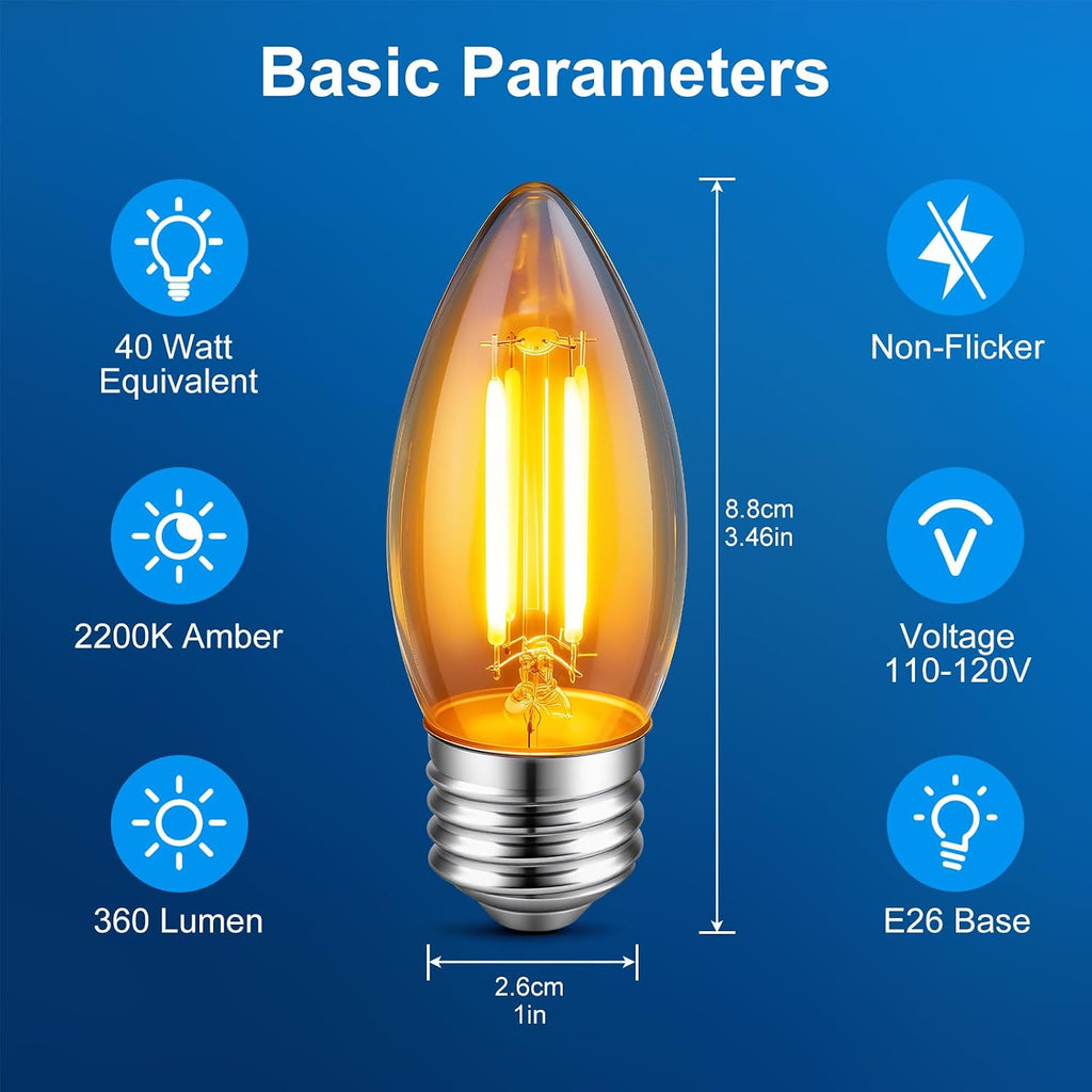 E26 Amber LED Light Bulbs,40 Watt Candelabra Light Bulbs Equivalent,No-Dimmable B11 Candelabra Base LED