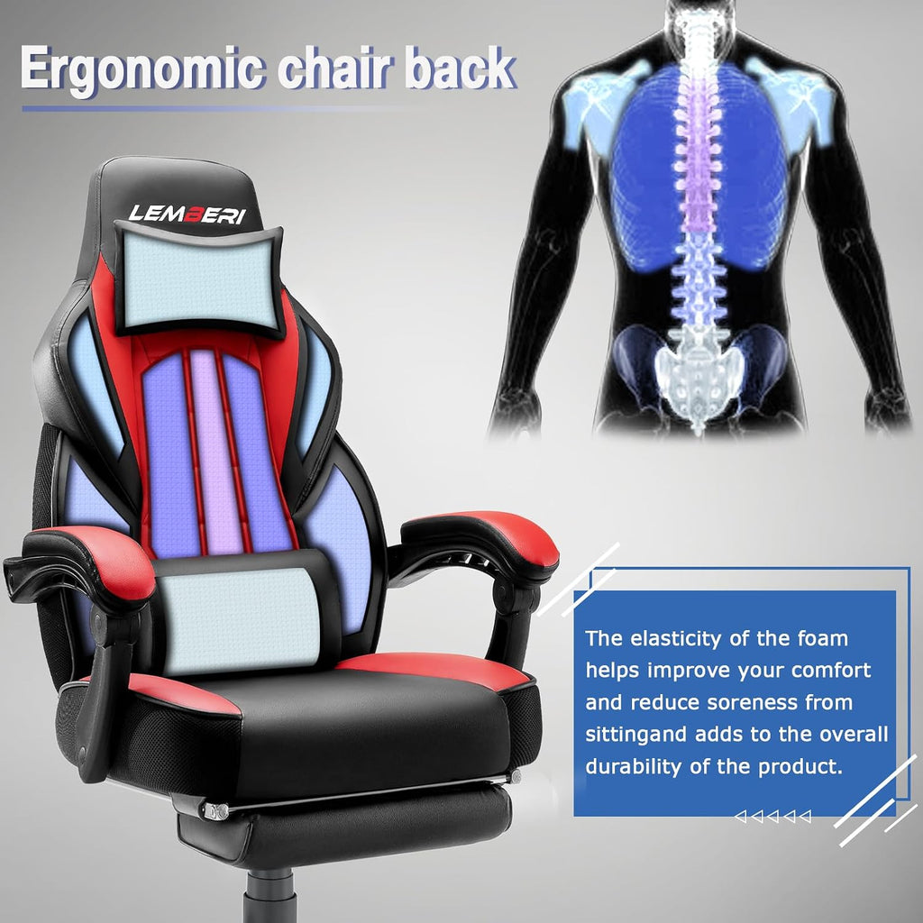 Big and Tall Gaming Chair, 400lb Capacity, Red | Heavy-duty steel frame, wide seat & high back, PU leather