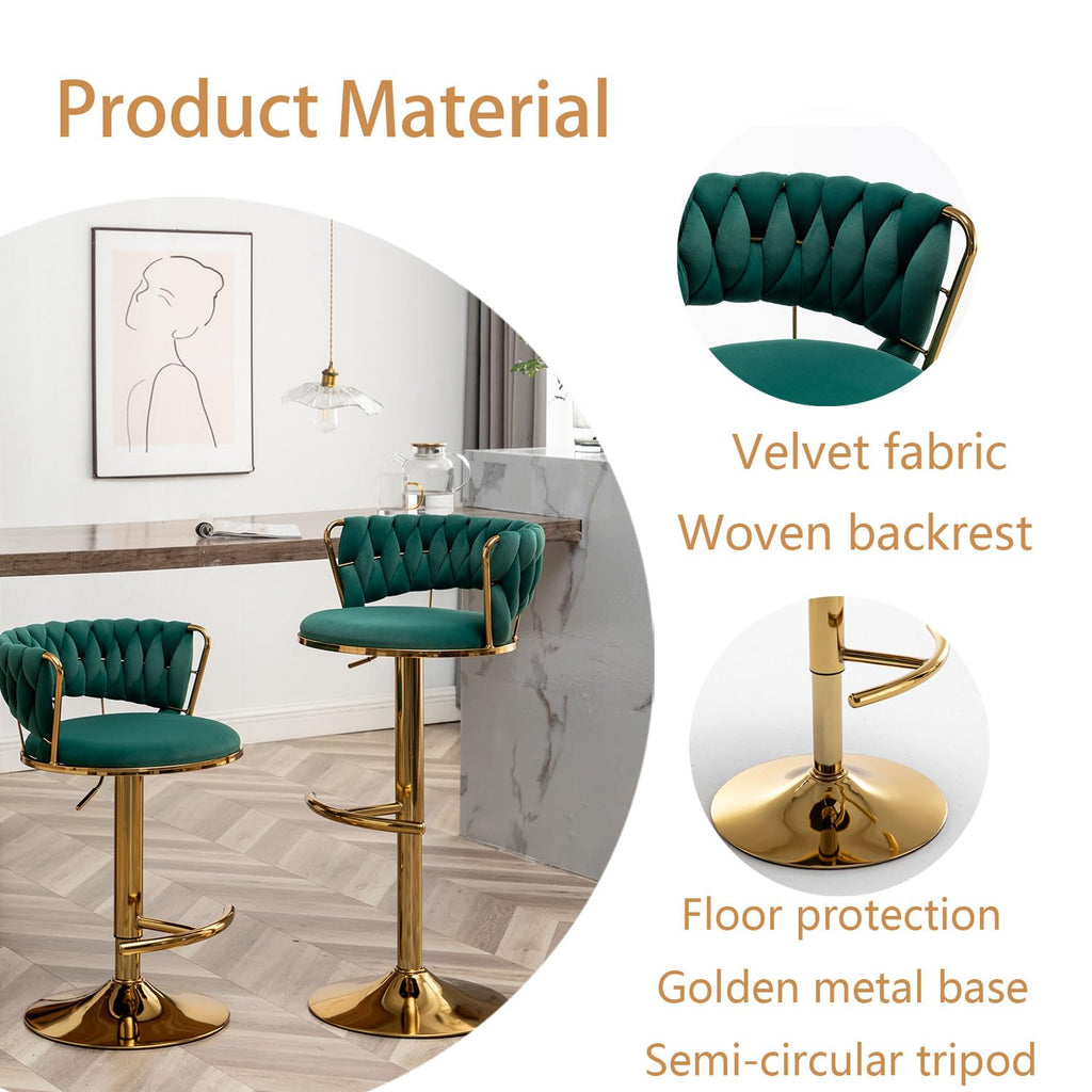Velvet Bar Stools Set of 3, Counter Height Barstools with Low Back, Gold Swivel Bar Stool Island, Pub (Green)