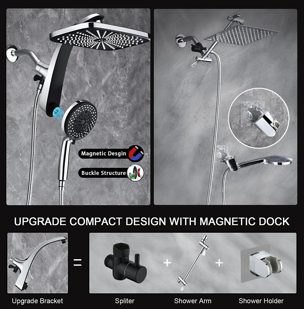 High Pressure Rain Shower Head: Upgrade Shower Heads with Handheld Spray Combo with Fixed Showerhead and 10 Sprays