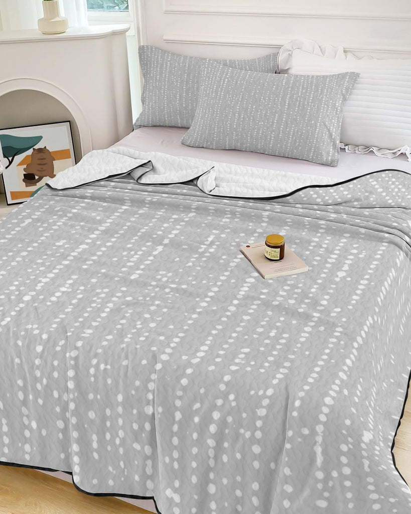 Vertical Ticking Quilt Set 3 Pieces Quilted Bedspread- Soft, Silver Linear Lightweight Quilt with 2 Pillow
