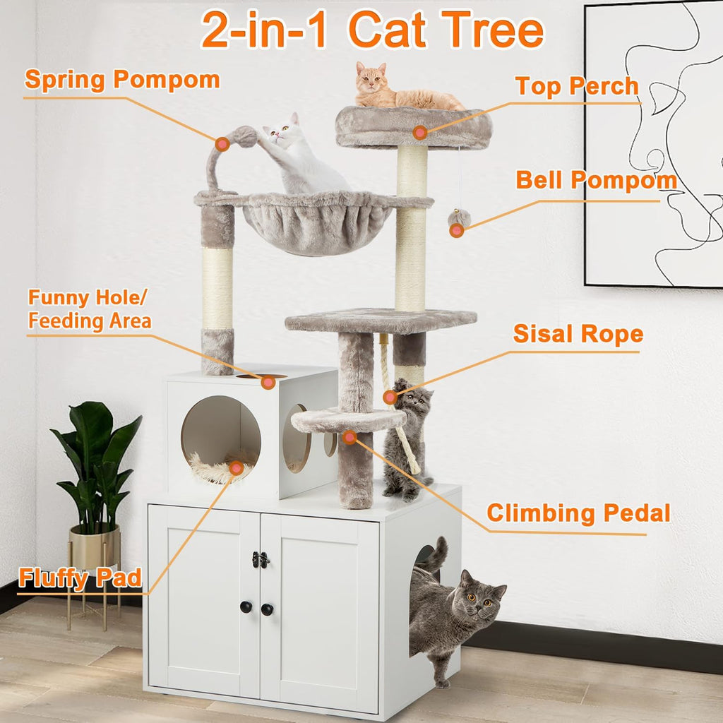 Cat Tree with Litter Box Enclosure, 2-in-1 Cat Tower