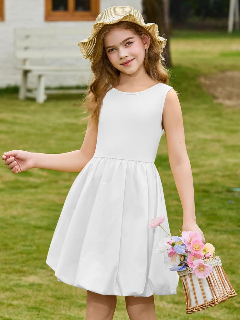 Girls Summer Sleeveless Bubble Dress Kids Cute Crew Neck Tank Mini Dresses with Pockets
