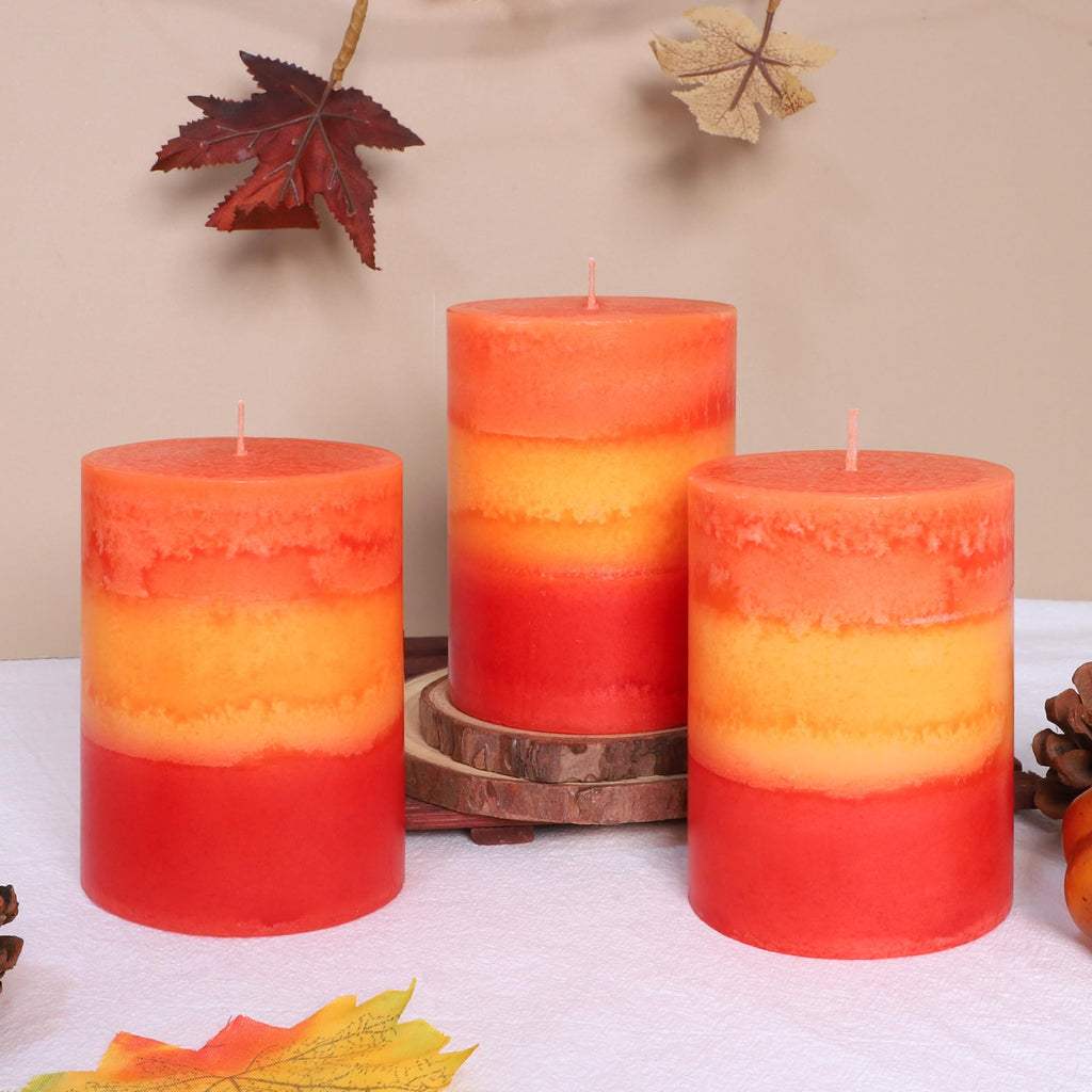3x4 Inch Pillar Candles 3 Pack Rustic Orange Handmade Layered Clean Burning Pumpkin Spice Scented Candles Fall