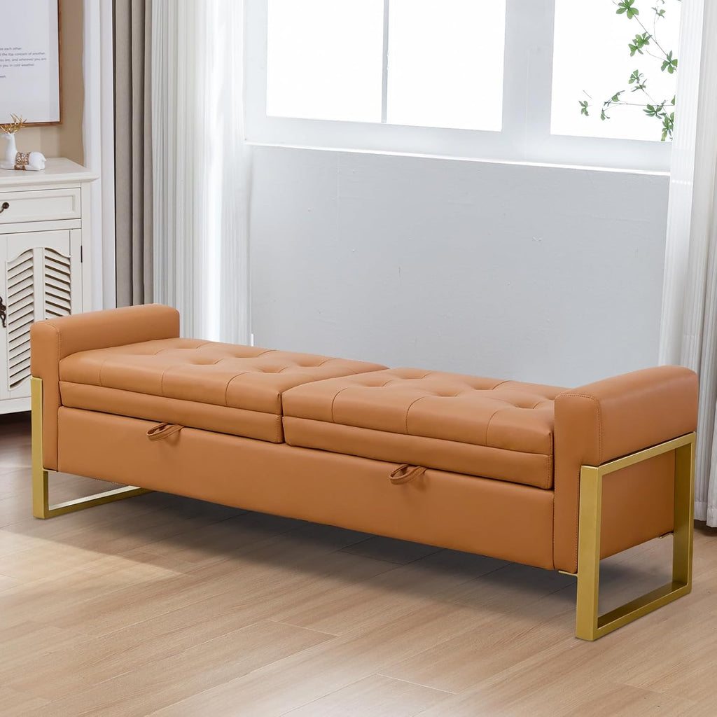 67" Storage Bench End of Bed King Size, Light Brown | Double Lids, Upholstered Faux Leather Storage Bench with Golden