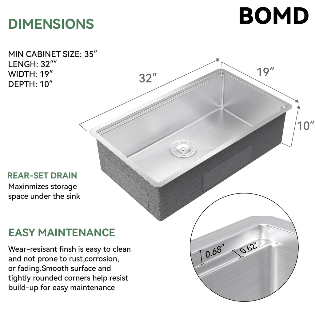 32 Inch Workstation Kitchen Sink, 16 Gauge 304 Stainless Steel Undermount Sink, Deep Single Bowl with Accessories