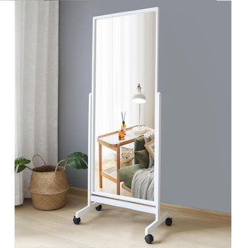Swivel Tilting Full Length Mirror on Wheels 65"x22", Pine Wood Frame Cheval Floor Rolling Mirror Full Body with