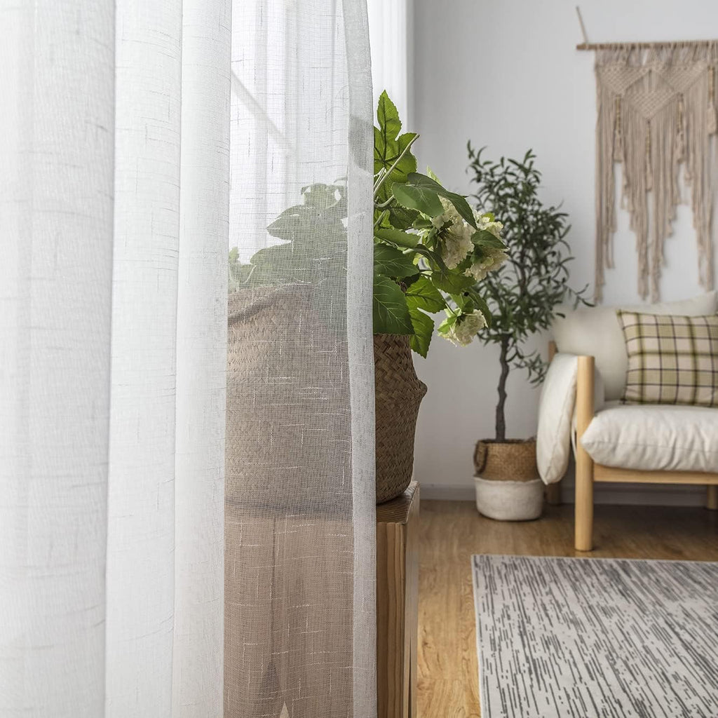 Off White Sheer Curtains 96 Inches Long 2 Panels, Thin Textured Linen Look Ceiling Curtains & Drapes, Rustic See