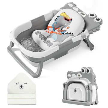 Collapsible Baby Bathtub for Newborn with Thermometer & 1 Hooded Towel & 1 Soft Floating Cushion,Portable Travel