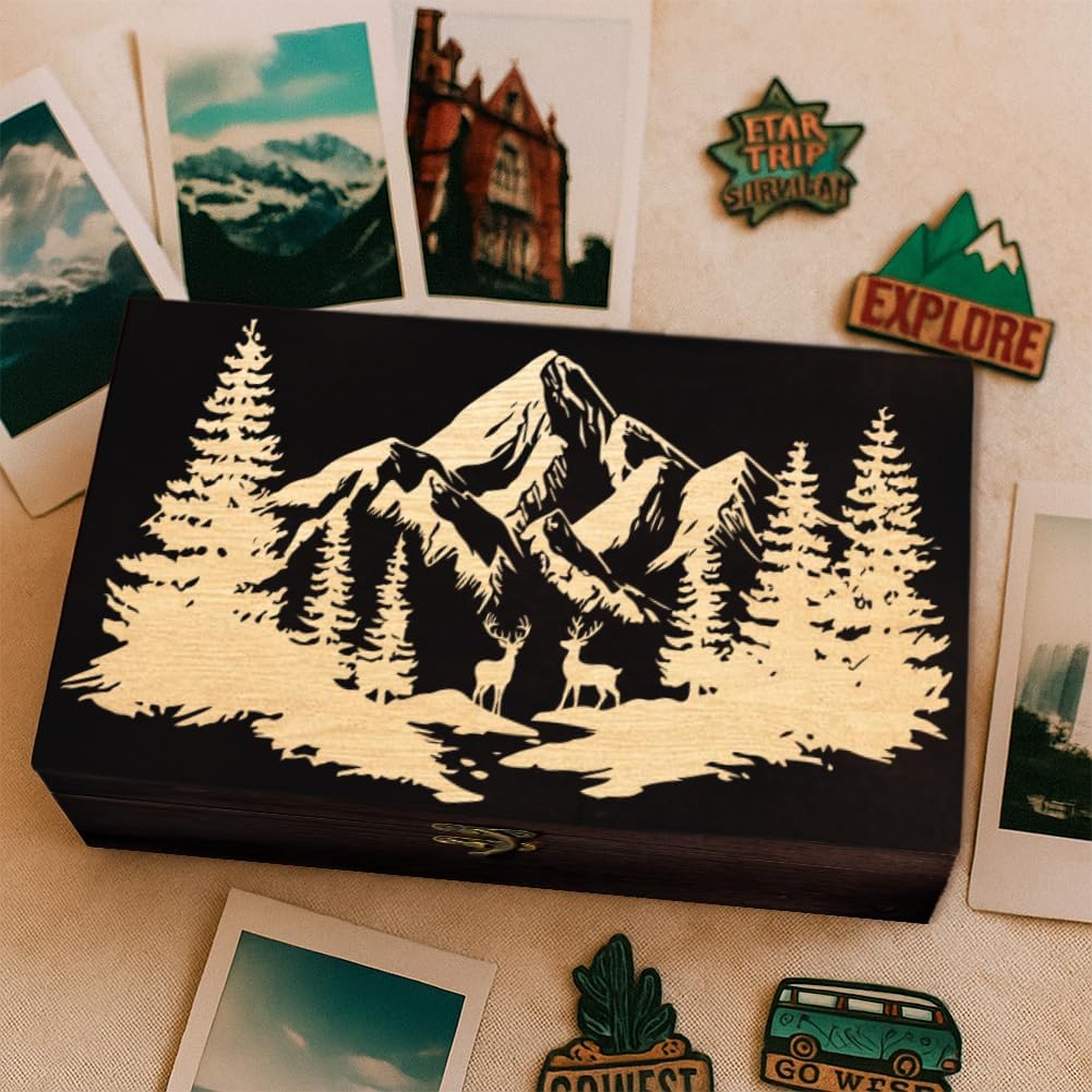 Forest and Mountains Wooden Memorial Storage Box with Hinged Lids