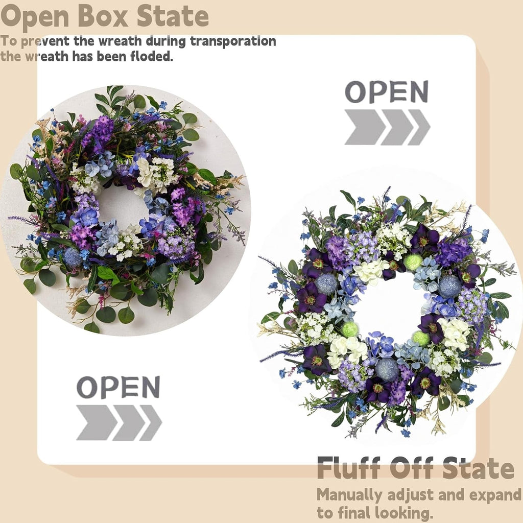 24-Inch Colorful Flower Wreath for Front Door - Hydrangeas, Lavender Wreath, Spring Summer Artificial Wild Flower