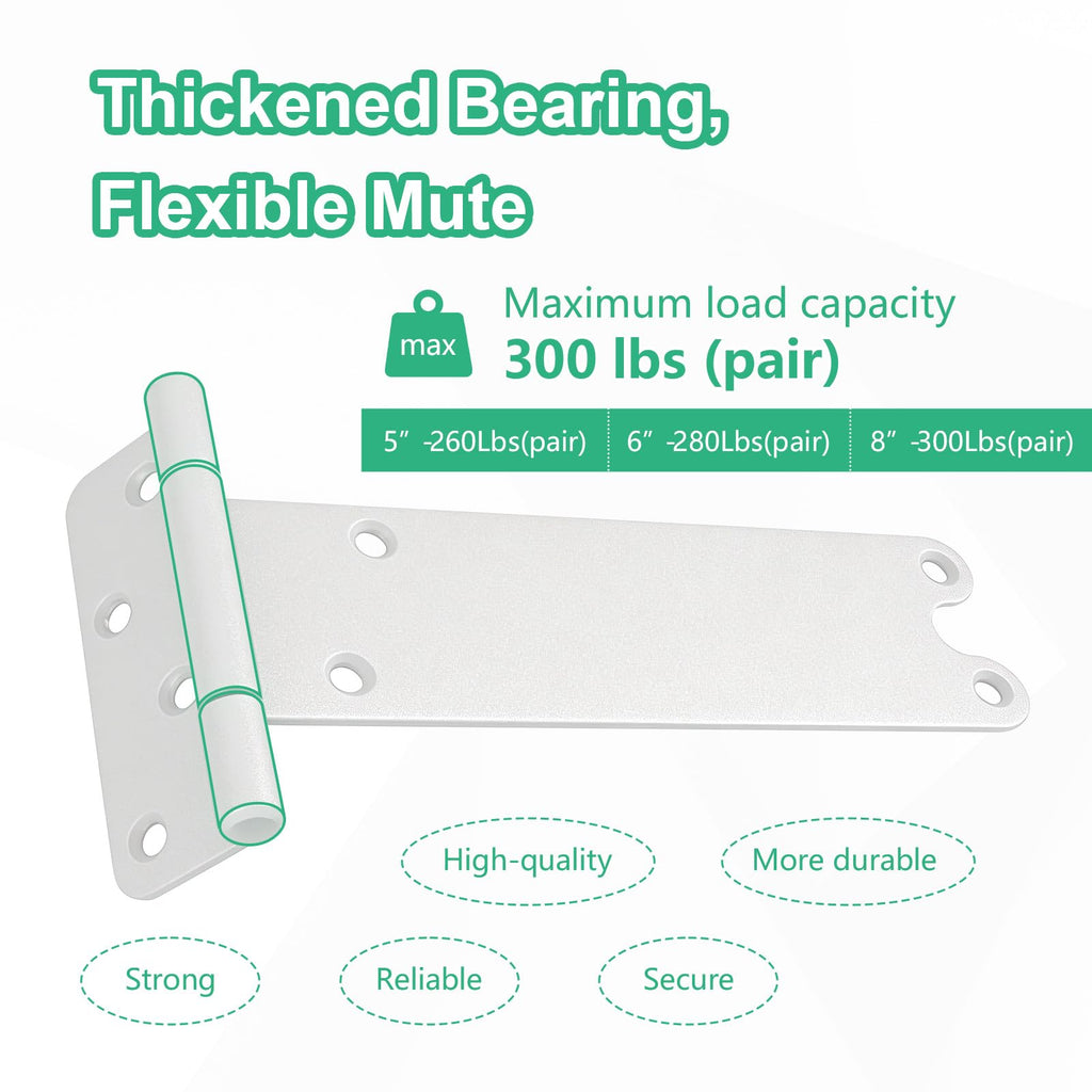 8 inch Gate Hinges, 300 Lbs Capacity, Matte White Hinges, 2 Pack Heavy Duty Door Hinge, T-Strap Shed Gate