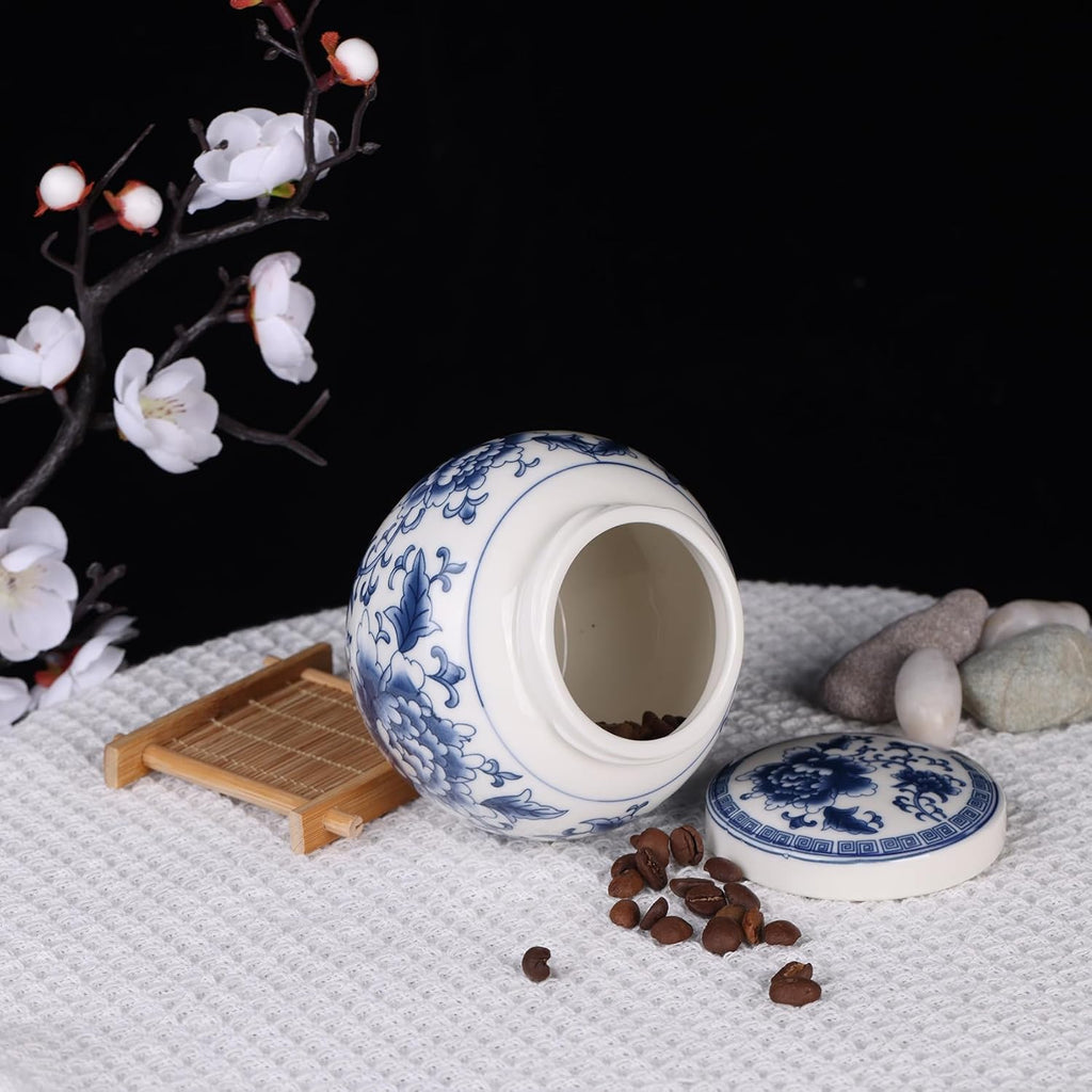 Elegant Mini Blue and White Porcelain Ceramic Ginger Jar With Twist Lid - Modern Twist on Traditional Design (Peony