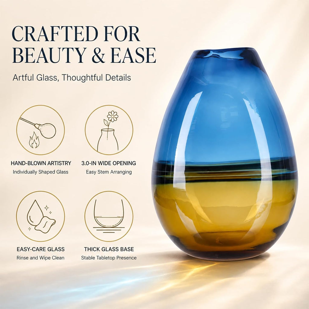 11.8in H Hand Blown Glass Vase,Murano Style Blue and Amber Gradient Sea Art