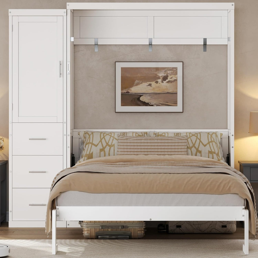 Full Murphy Bed with Wardrobe and Drawers, Space-Saving Wall Bed Frame with Storage Cabinet, Foldable Platform Bed