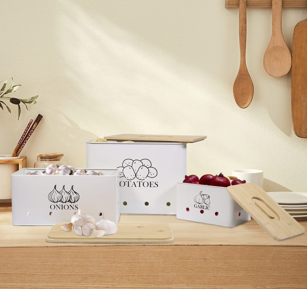 Kitchen Vegetable Storage Tins Set of 3 for Potato Onion & Garlic with Wooden Lid and Aerating Holes, Kitchen Storage