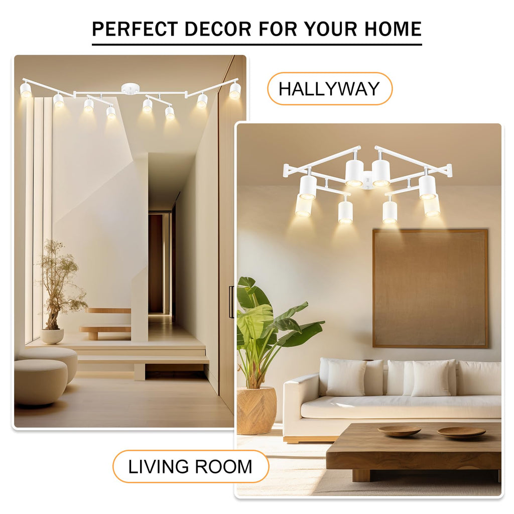 LED 8 Light Track Lighting Kit, White 8 Way Ceiling Spot Lighting, Flexibly Rotatable Light Head, GU10 Bulb Not