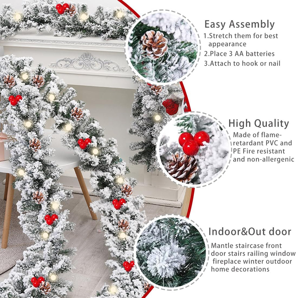 Christmas Garland with Lights, Cedar Xmas Holiday Decoration Snow Flocked Artificial Garland with Pinecones Berries
