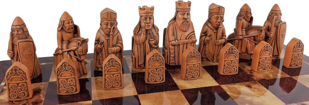 Large Rust and Antique White Isle of Lewis Medieval Times Chess Men Set with 3 1/4 inch King and 18 inch Cherry Color