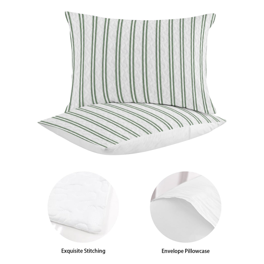 Green Ticking Stripe Quilts Bedding Set Minimalist Vertical Lines White Lightweight Quilted Bedspread 3