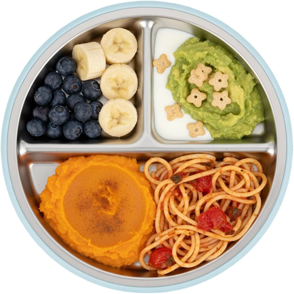 In-1 Stainless Steel Baby Feeding Set | Divided Suction Plate, Bowl, Sippy Cup with Straw, Bib, Spoon & Fork