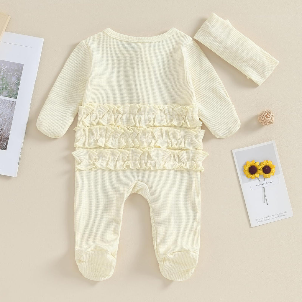 Newborn Baby Girl Clothes Long Sleeve Solid Color Romper Jumpsuits with Headband Infant Coming Home Outfit (Creamy