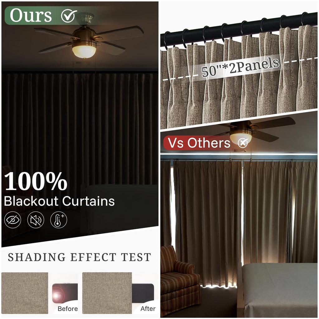 Extra Long 132 Inch Dark Flax Blackout Curtains for High End Living Room Floor Length Windows, Brown Heavy Large Pinch